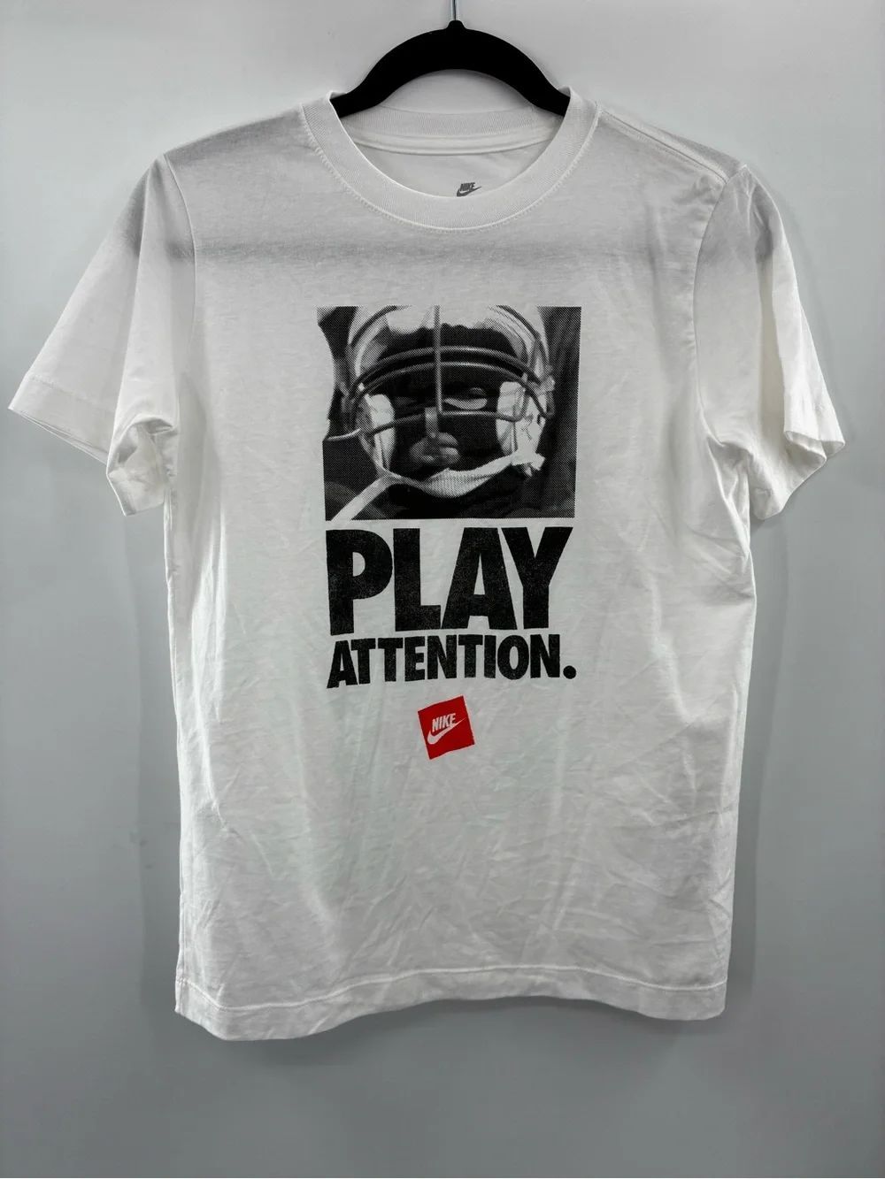 Nike "Play Attention" Graphic Tee - White with Black & Red Print Youth size L